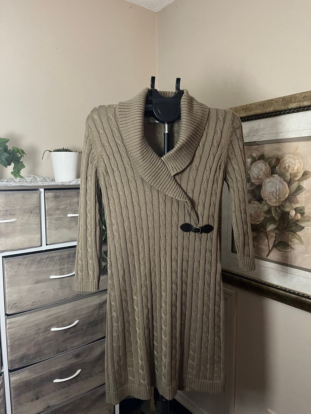 Calvin Klein Women’s Medium Cable Knit Sweater Dress Taupe Shawl Collar